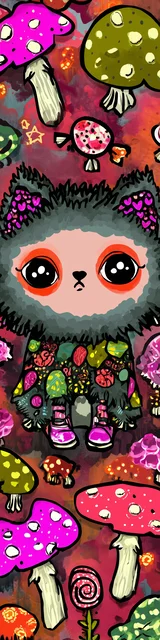 Free kawaii cats bookmark featuring a furry cat with red mushrooms